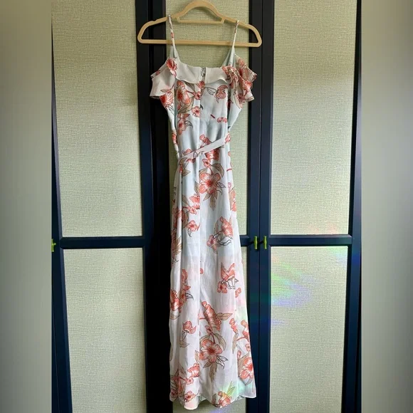 J.O.A. Floral Print Ruffle V Neck Midi/Maxi Dress, Blue Orange, NWOT, Size L - Picture 6 of 6